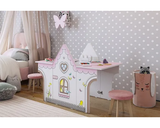 Стол Домик белое дерево / розовый