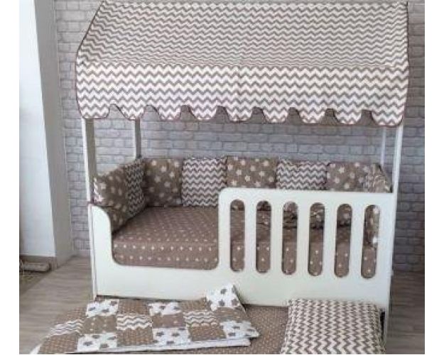 Кровать-Домик с выдвижным спальным местом с Балдахиным на крышу (Зигзаг коричневый) Белый/Белый