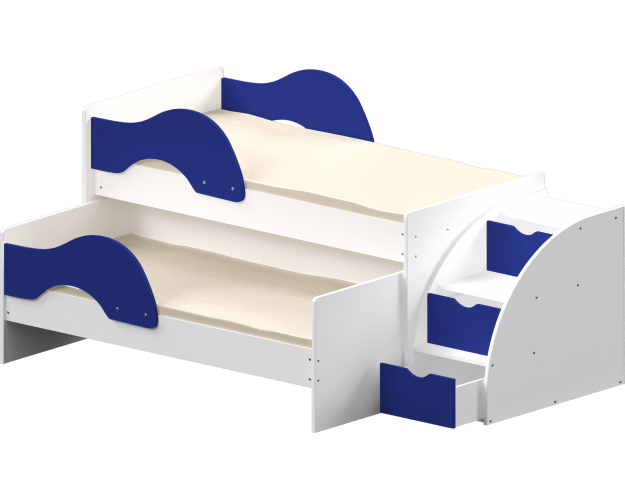 Кровать детская Матрешка выкатная с лестницей Белый/Синий