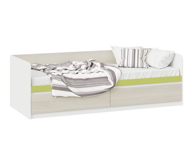 Кровать «Сканди» с 2 ящиками Дуб Гарден/Белый/Зеленый